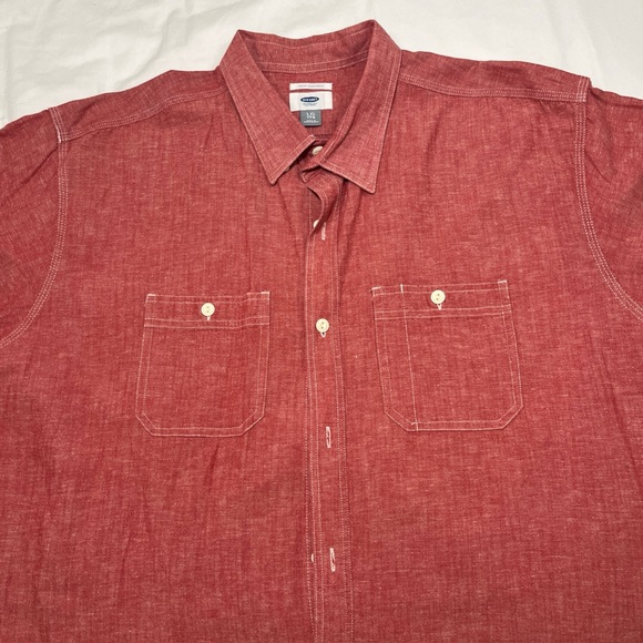 Old Navy Button Down Shirt Mens Size XXL Slim Fit Red Chambray Chest Pockets - Picture 7 of 9